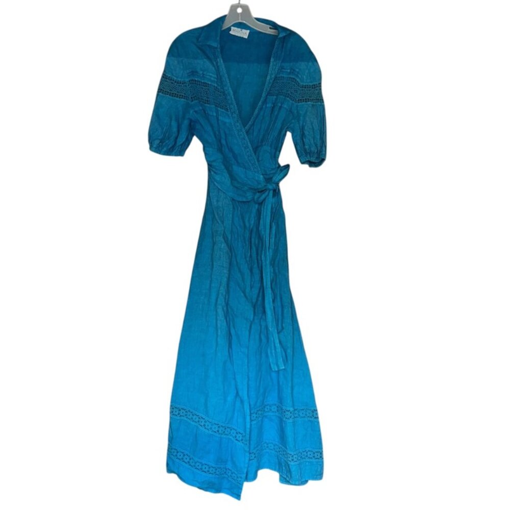 Marina St. Barth Turquoise ocean blue LINEN wrap broderie anglaise maxi dress M